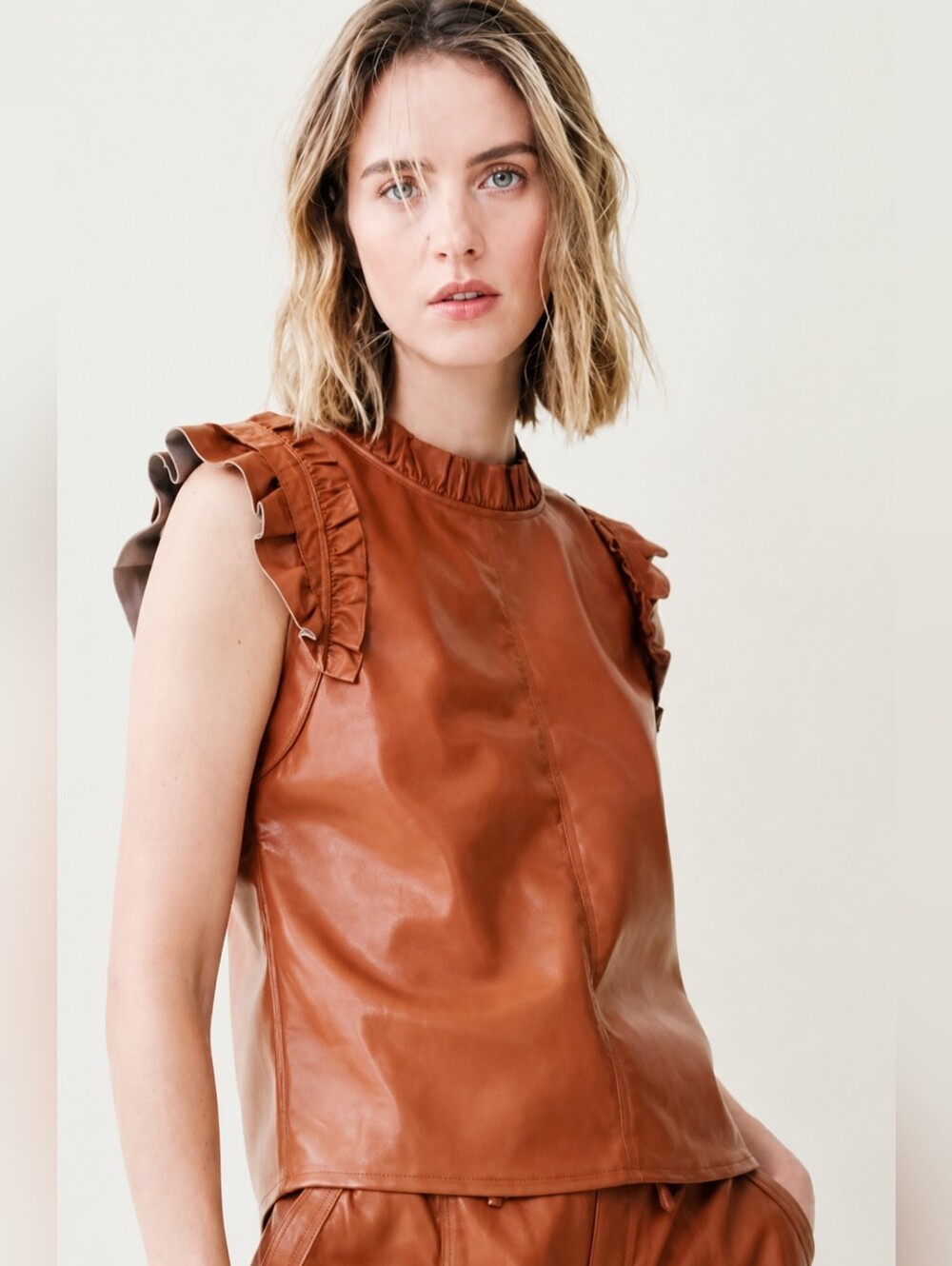Melissa Nepton | 'Millo' Faux Leather Ruffled Shoulder Top, Size M